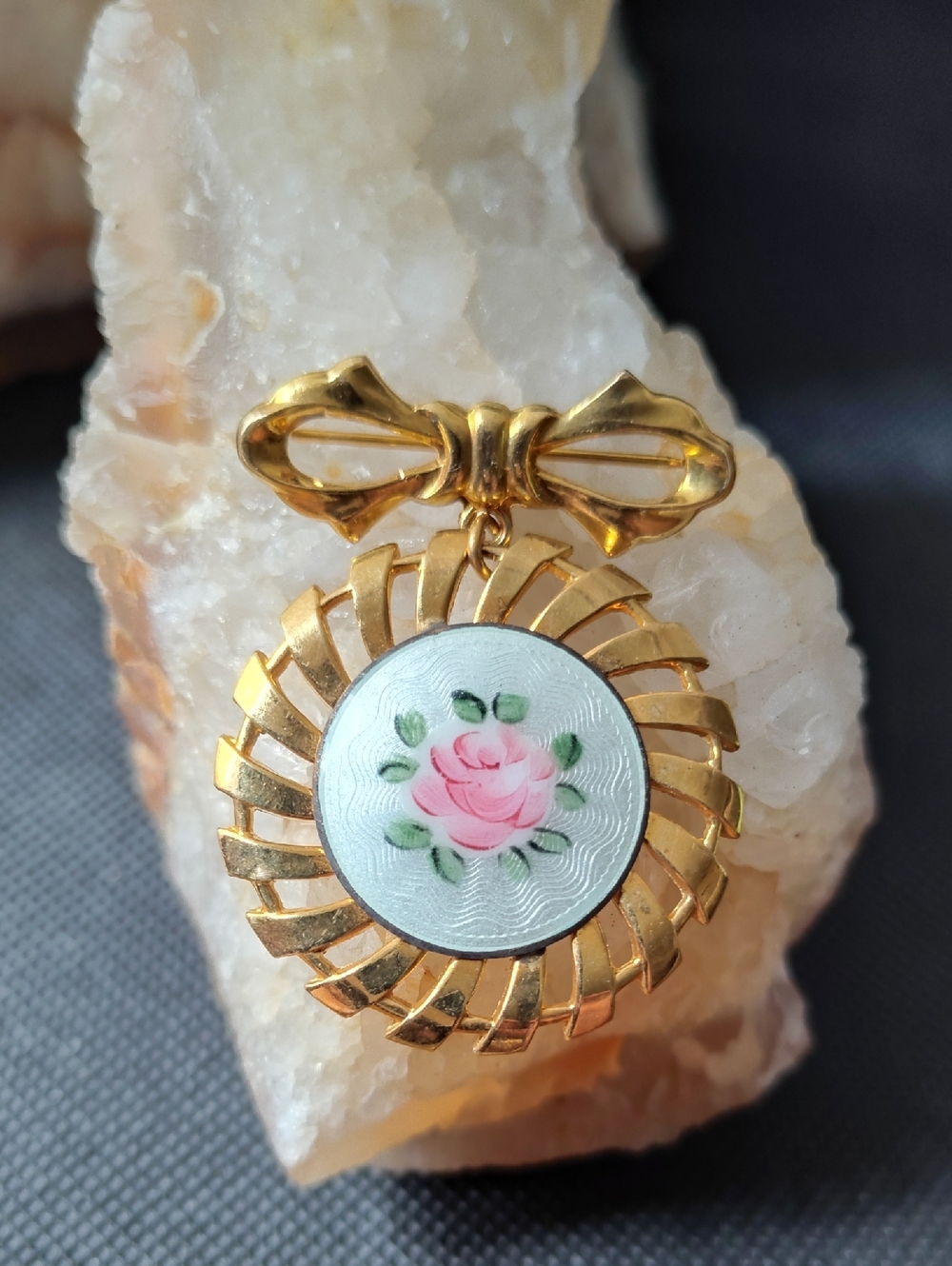 Vintage Guilloche Floral Enamel Articulated  Brooch
